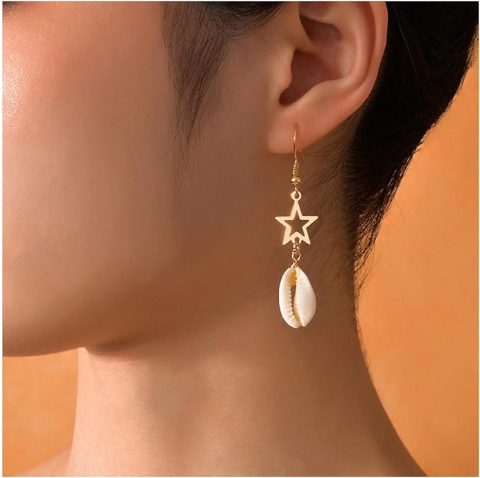Vintage Cowrie Drop Earrings Puka Shell Dangle Earrings Gold Star Dangling Earrings Hollow Star Earrings Jewelry for Women-VivaGrace Women