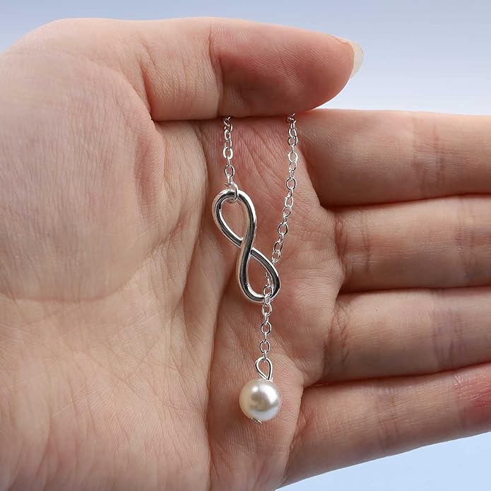 Boho Pearl Infinity Necklace Silver Y Pearl Necklace Minimalist Chain Y Lariat Necklace Chain Jewelry for Women and Girls-VivaGrace Women