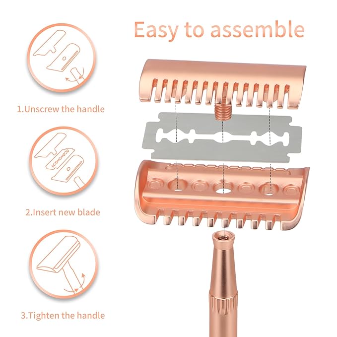 Matte Rose Gold Double Edge Safety Razor, Single Blade Razors for Women and Men, with 10 Stainless Steel Safety Razor Blades, Reusable, Smooth and Close Wet Shaving Kit, Plastic Free-VivaGrace Women