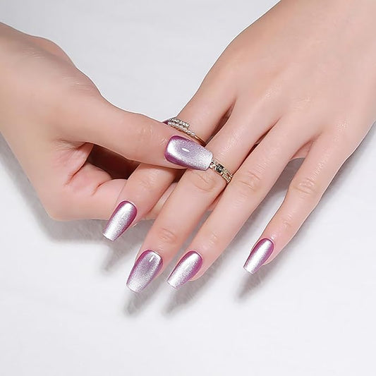 Summer Purple Medium Press On Nails, Cat Eye Coffin Press On Nails, Crystal Glow Design, Ice Glossy Gel Purple Fake Nails, Reusable Acrylic Stick On Nails for Women, Moonlit Amethyst