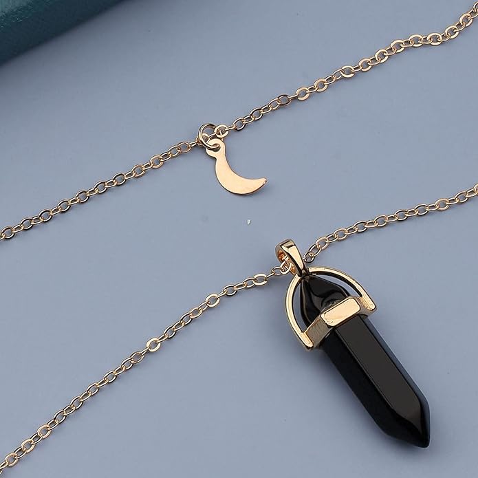 Boho Layered Moonstone Necklace Chain Gold Moon Pendant Necklace Black Hexagonal Stone Necklace Jewelry for Women-VivaGrace Women