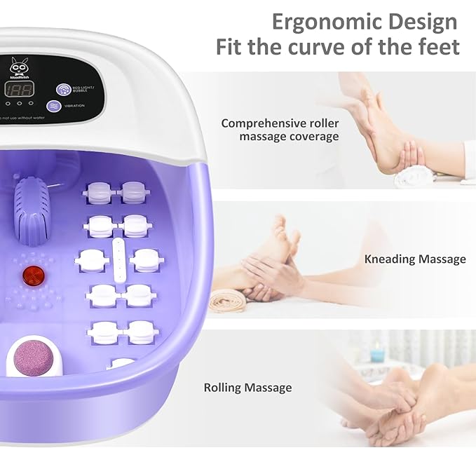 Foot Spa Bath Massager with Heat Bubbles and Vibration Massage and Jets, 16 OZ Calming Lavender Foot Soak Epsom Salt, MoodRelish Foot Soaker With Red Light, 22 Massage Rollers, Adjustable Temp -Purple-VivaGrace Women