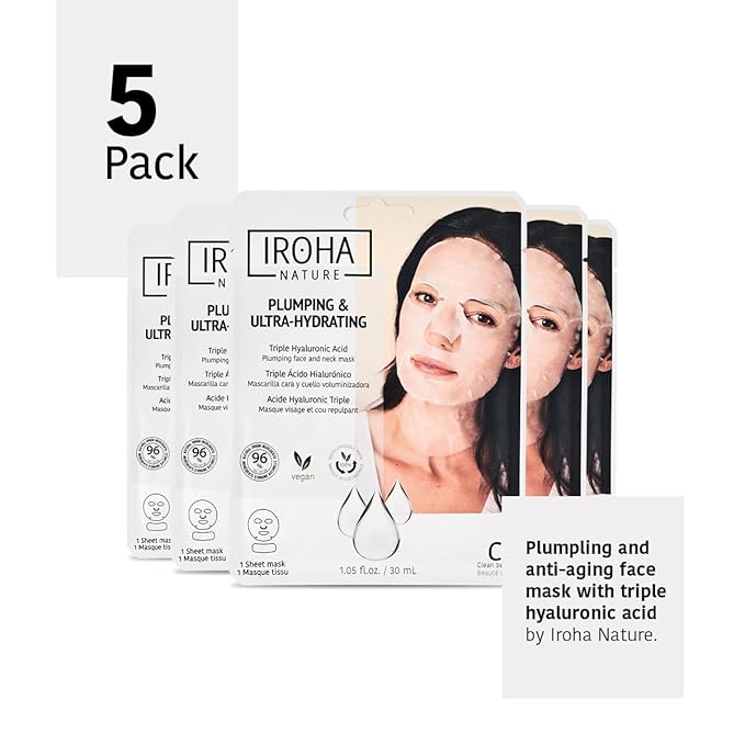IROHA NATURE Replumping & Anti-Aging Tissue Face Mask (Pack of 5) | With Triple Hyaluronic Acid | Deep Hydration & Anti-Aging Effect | For Softer Skin | 100% Vegan-VivaGrace Women