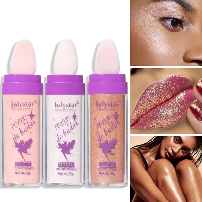 AKARY Shimmer Highlighter Powder, Fairy Polvo De Hadas Highlighter Powder & Blush Stick, Instant Glow Luminizer Duo, Glitter Body Face Hair High Gloss Stick, Sparkle Smudge-Proof Highlighter Stick Party Makeup (B-#03)-VivaGrace Women