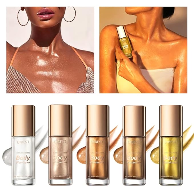 40ml Body Shimmer Oil,Liquid Body Illuminator, Waterproof Moisturizing And Glow For Face & Body, All-In-One Makeup Liquid Illuminator, Summer Body Luminizer,Makeup Brush Include (05#Gold)-VivaGrace Women