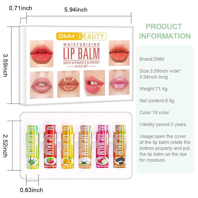 evpct 6Pcs Classic Fruit Flavour Flavored Lip Balm Set for Lip Care Chafed Chapped Cracked Lips,Natural Vitamin E Honey Aloe Vera Watermelon Mango Coconut Milk Apple Chocolate Moisturizing Lip Balm 2-VivaGrace Women