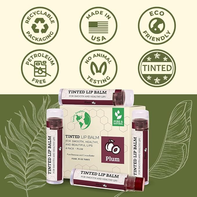 Tinted Lip Balm by Earth’s Daughter – 4 Pack of Plum Color – Beeswax, Coconut Oil, Cocoa Butter, Vitamin E – Moisturize and Beautify – Paraben Free-VivaGrace Women