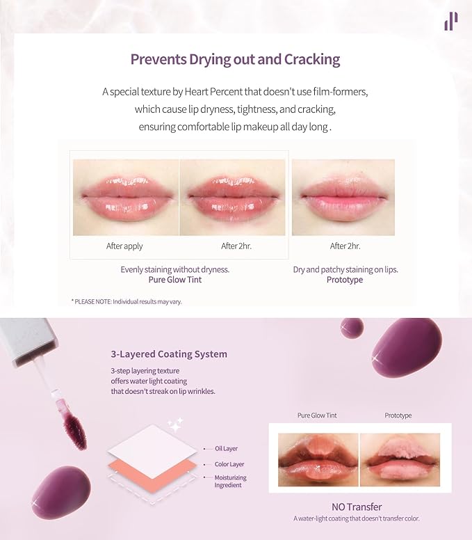 Heart Percent Dote On Mood Pure Glow Tint, Watery & Lightweight Moisturizing Lip Stain Long Lasting Liquid Lipstick 6.8g, #10. Fuchsia Pink-VivaGrace Women