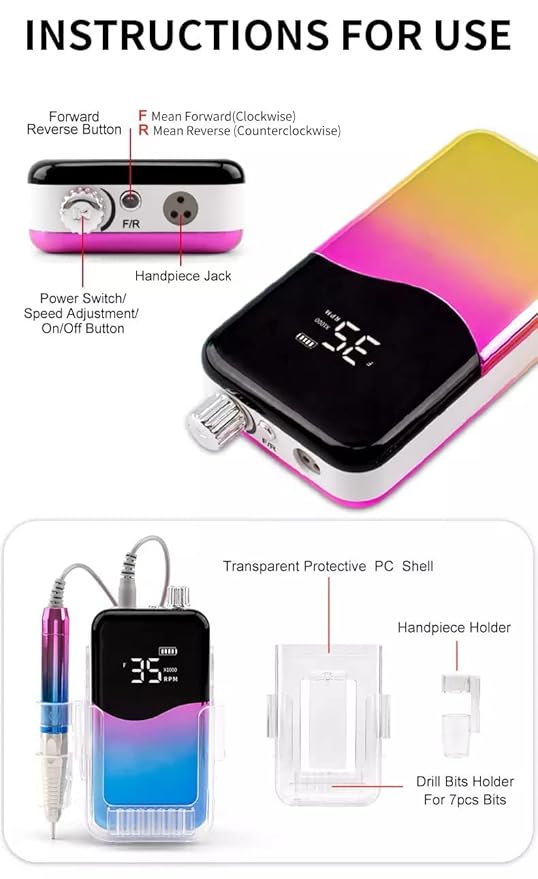 M Mase- Professional Nail Drill Machine - Coreless 2-in-1 Nail File - Electric, Cordless, 35000 RPM, HD Display - Electric Nail Drill for Professional & Home Use (Metallic Gold)-VivaGrace Women