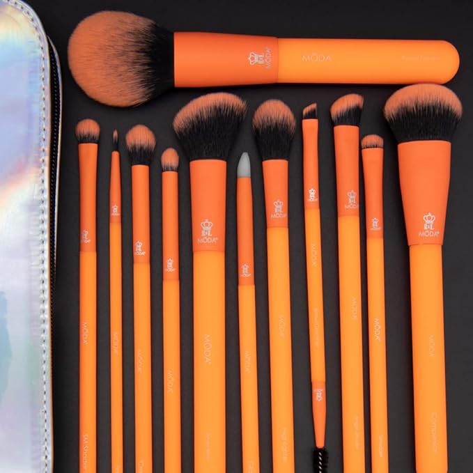 MODA Totally Electric Neon Orange Full Face Makeup Brush Kit – 13pc Vibrant Brush Set for Face & Eyes with Zip Case-VivaGrace Women