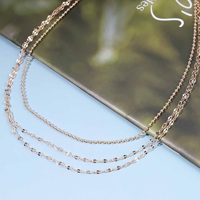 Boho Layered Necklace Choker Gold Lace Chain Necklace Shimmer Shinny Necklace Vintage Multilayer Beaded Necklace Jewelry for Women and Girls-VivaGrace Women