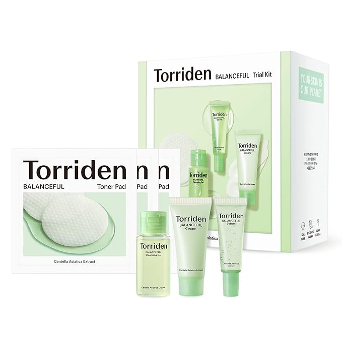 Torriden BALANCEFUL Cica Trial Kit, Gotu Kola Infused Daily Skincare Kit - 4 Step Regimen with Cleansing Gel, Toner Pad, Serum, and Cream | Vegan, Hypoallergenic Korean Skin Care-VivaGrace Women