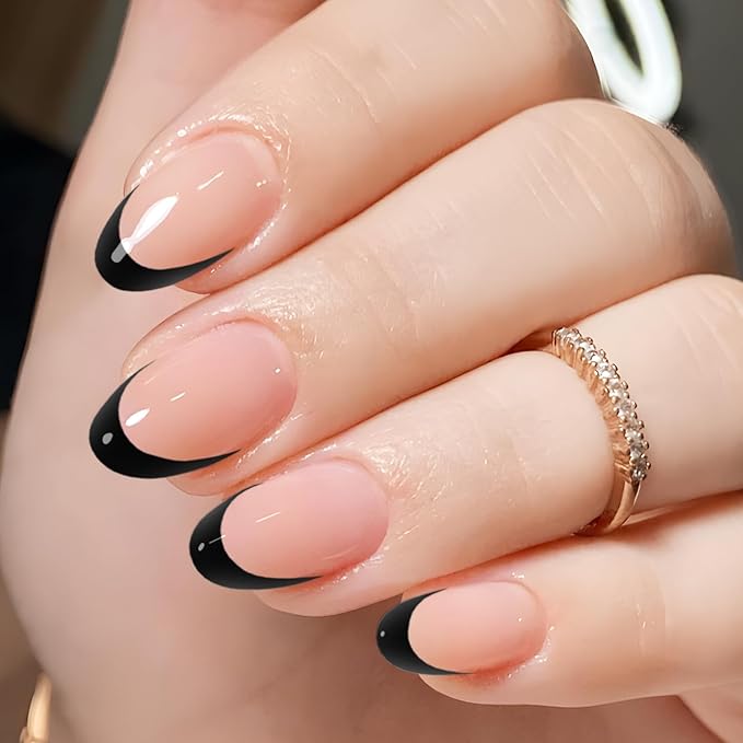 AddFavor French Tip Press on Nails Short Oval Fake Nails, 120pcs Black French Tips Nails Press on Medium Almond False Acrylic Nails for Women and Girls