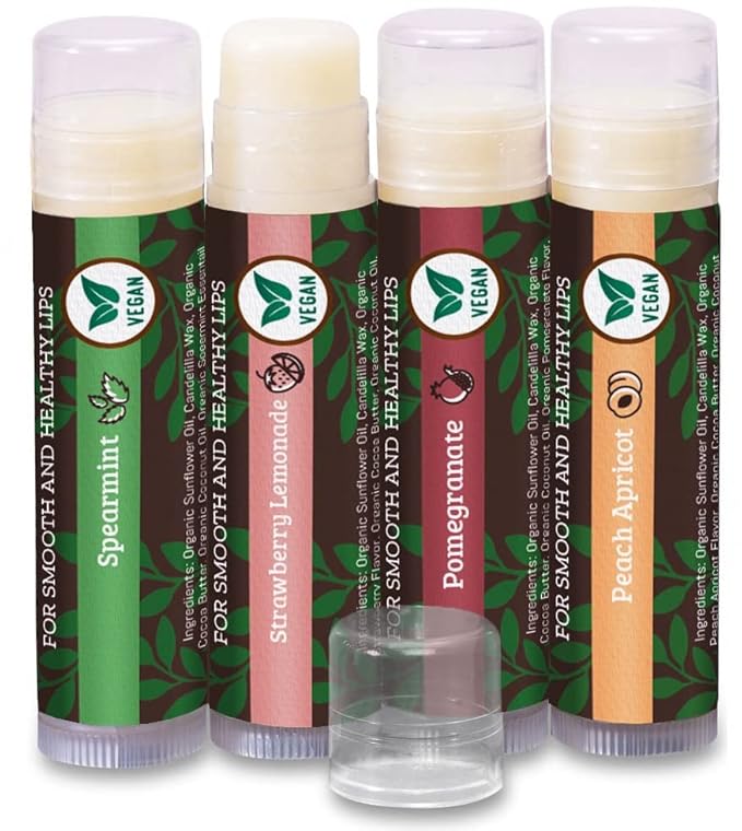 Vegan Lip Balm by Earth’s Daughter, Beeswax Free Lip Balm, Natural, Organic Flavors - 4 Pack of Assorted Flavors, Plant Based Vegan Chapstick, Lip Moisturizer-VivaGrace Women