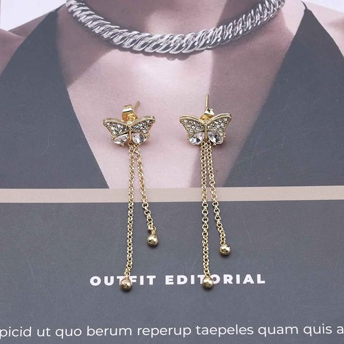 Vintage Crystal Butterfly Stud Earrings Gold Long Chain Earrings Thin Drop Chain Earrings Cz Paved Butterfly Earrings Retro Hanging Chain Earrings Jewelry for Women and Girls-VivaGrace Women