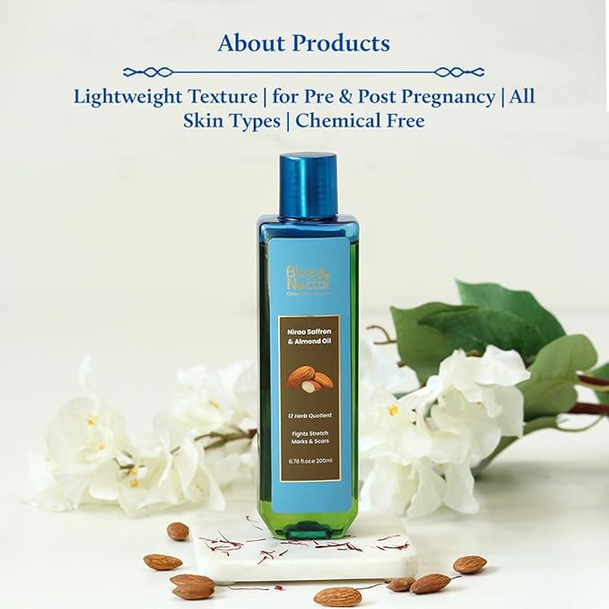 Blue Nectar Saffron & Almond Oil, Ayurveda Product for Crepey Skin | Skin Firming Body Oil for Stretch Marks (12 Herbs, 3.38 Fl Oz)-VivaGrace Women