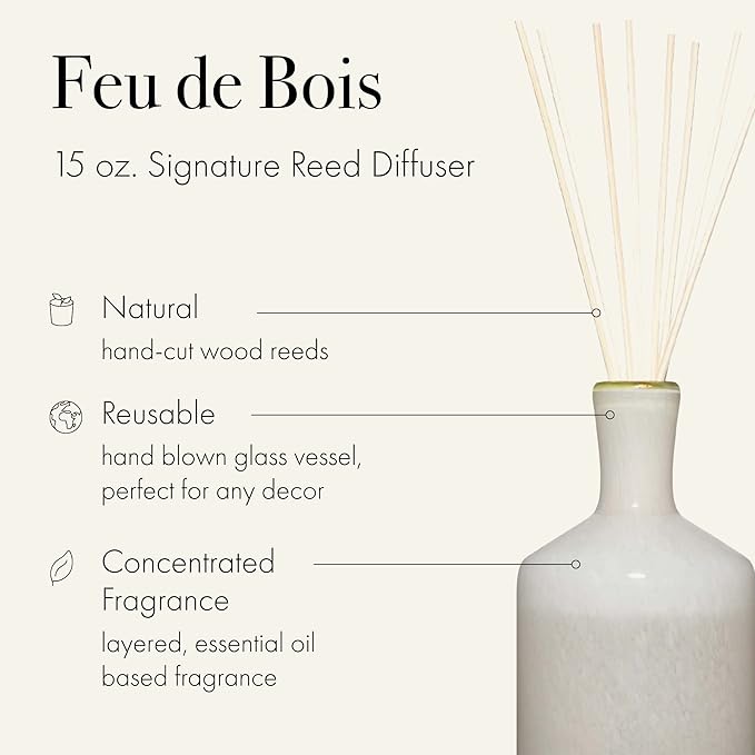 LAFCO New York Signature Reed Diffuser, Feu de Bois - 15 oz - Up to 9 Months Fragrance Life - Reusable, Hand Blown Glass Vessel - Natural Wood Reeds - Made in The USA-VivaGrace Women