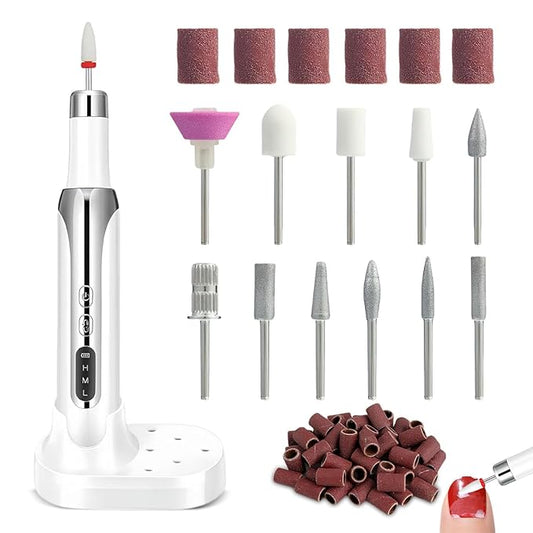 Electric Nail Drill File Cordless,Portable Rechargeable Nail File Kit for Acrylic & Gel Nails,Professional Efile for Manicure Pedicure Polishing,with 12 Nail Drill Bits 31 Sanding Bands,White-VivaGrace Women