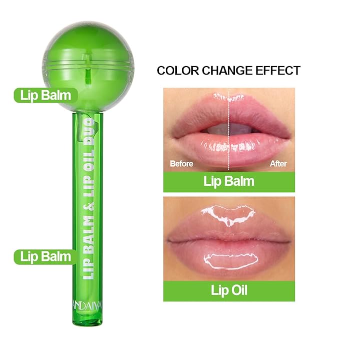 Tinted Lip Balm Lollipop Lip Gloss, Magic pH Color Changing Pink Lipstick & Vitamin E Clear Lip Oil Combo, Hydrating Plumping Lip Care Product for Girls (Green)-VivaGrace Women