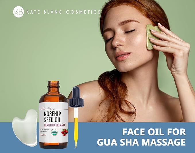 Kate Blanc Cosmetics Rosehip Oil for Face with Stainless Gua Sha (1oz, Organic, Pure, Cold Pressed) Rosehip Seed Face Oil for Gua Sha Massage-VivaGrace Women