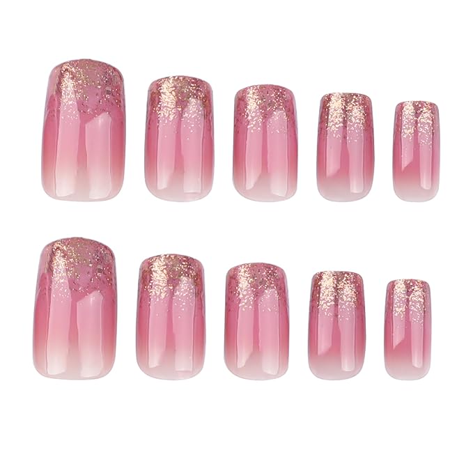 Medium Square Press on Nails French Tip Fake Nails Gold Glitter False Nails with Designs Pink Full Cover Glue on Nails Sparkly Artificial Nails Cute Stick on Nails for Women 24Pcs