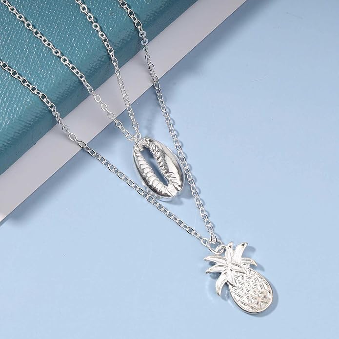 Boho Layered Shell Pineapple Choker Necklace Silver Seashell Pendant Necklace Vintage Cowrie Shell Necklace Beach Charm Necklace Jewelry for Women Gifts-VivaGrace Women