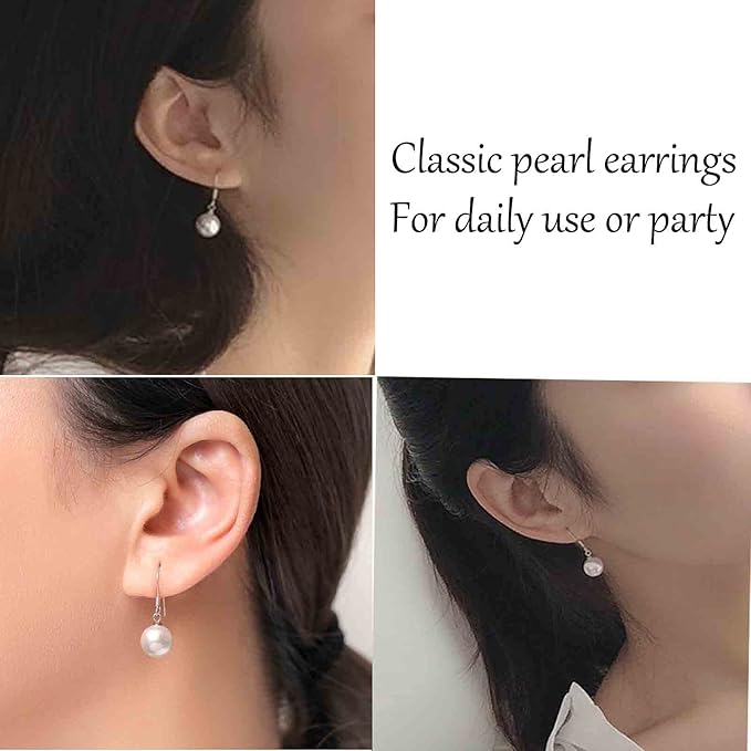 Boho Pearl Hook Earrings Freshwater Pearl Drop Earrings Silver Round Dangle Earrings Bridal Earrings Jewelry for Women and Girls Bridesmaid Gifts-VivaGrace Women