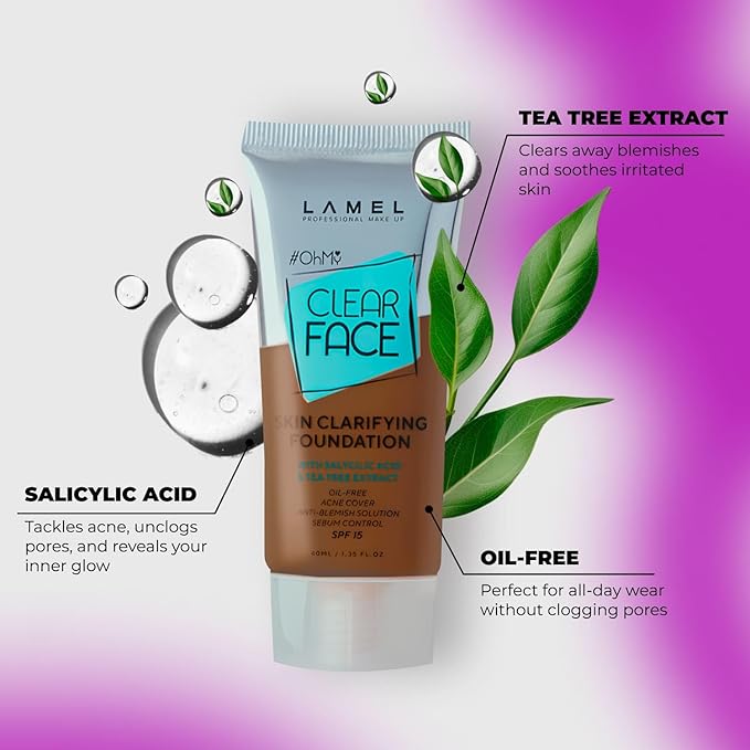 LAMEL OhMy Clear Face Full Coverage Foundation - Acne Coverage - Salicylic Acid & Tea Tree Extract - Dewy & Flawless Finish - Sensitive Skin Care - Organic & Oil-Free - 411, 1.35 fl.oz-VivaGrace Women