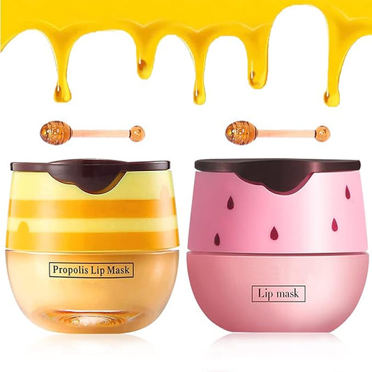 2 PCS Bee Lip Balm Lip Mask Honey Pot, Honey & Strawberry Lip Mask Propolis Moisturizing Lip Balm with Stick - Hydrating Prevention Dry and Cracked Lip Scrubs Exfoliato Lip Wrinkle Care-VivaGrace Women