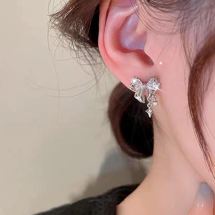Vintage Crystal Bow Earrings Black Onyx Stud Earrings Silver Tiny Cross Drop Earrings Sparkly Cz Rhinestone Bow Earrings Jewelry for Women-VivaGrace Women