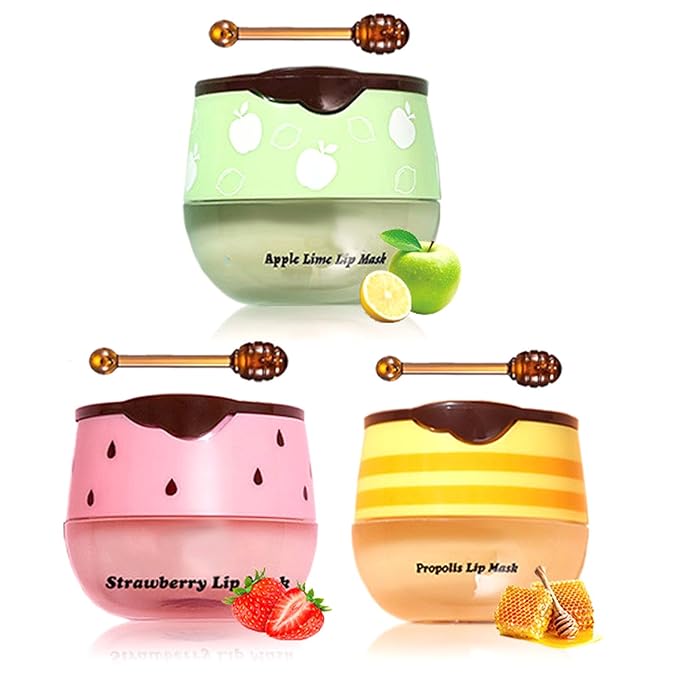 3Pcs Honey Lip Balm Honey Pot, Strawberry& Apple Lime Lip Mask Overnight Propolis Moisturizing Lip Balm Hydrating Prevention Dry and Crack Lip Scrubs Exfoliator, Beeswax with Vitamin E-VivaGrace Women