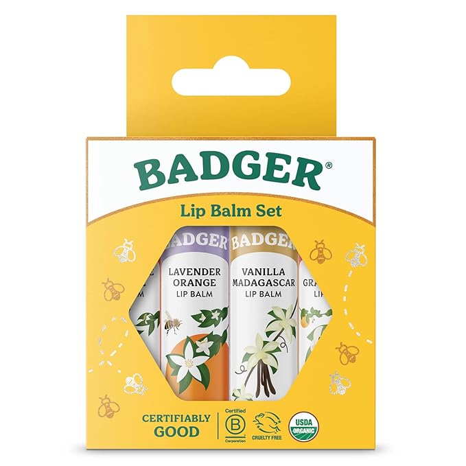 Badger - Classic Lip Balm Gold Box with Aloe, Extra Virgin Olive Oil, Beeswax & Essential Oils, Lip Balm Variety Pack, Certified Organic, 0.15 oz (4 Pack)-VivaGrace Women