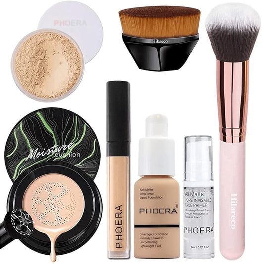 PHOERA Foundation Full Coverage Makeup, Mushroom Head Air Cushion CC Cream Natural Foundation Set,PHOERA Concealer, PHOERA Primer, PHOERA Powder, Foundation Brushes (104 Buff Beige+ 04 Buff Beige CC)-VivaGrace Women