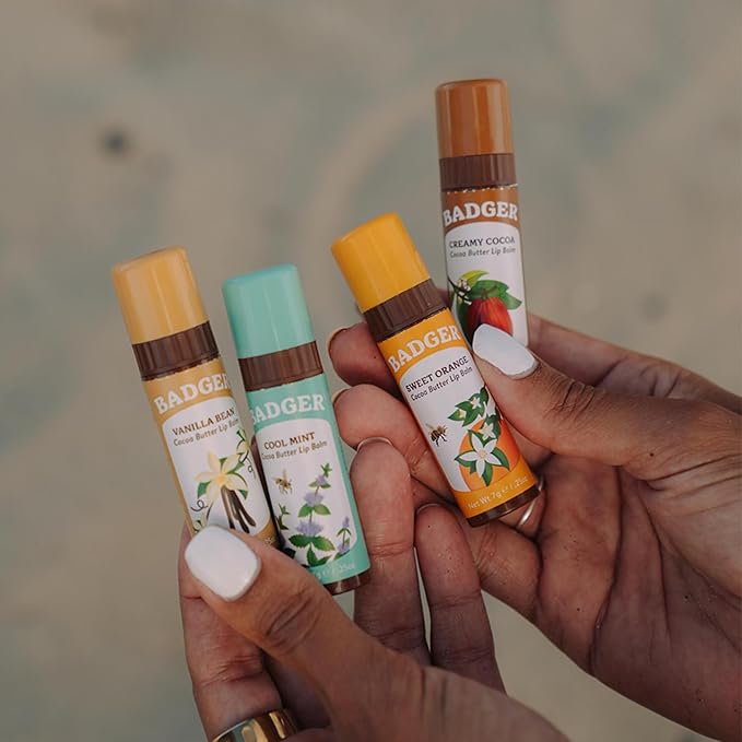 Badger - Cocoa Butter Lip Balm, Sweet Orange, Certified Organic Lip Balm, Fair Trade, Lip Butter, Lip Balm Cocoa Butter, Cocoa Care Lip Balm, 0.25 oz (4 Pack)-VivaGrace Women
