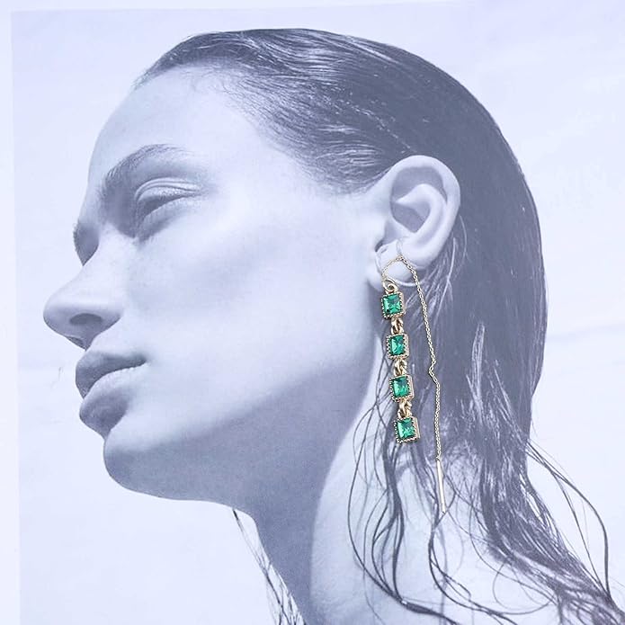 Vintage Emerald Crystal Threader Earrings Green Gem Drop Earrings Emerald Cz Square Earrings Gold Long Emerald Chain Earrings Jewelry for Women-VivaGrace Women