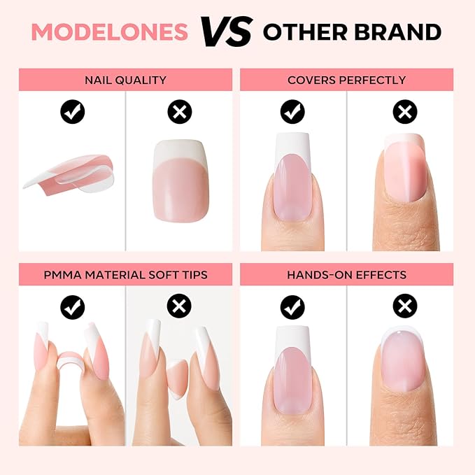 modelones French Tip Press on Nails, 150Pcs Long Square Fake Nails with Nail Box, Pink & White Gel Nail Tips for Women, Soft Glue-On Nails for Natural Salon Look, DIY Nail Art Kit (15 Sizes)-VivaGrace Women