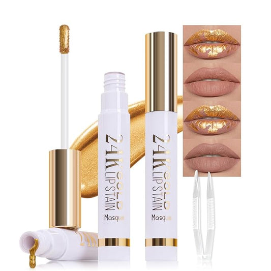 2Pcs 2025 New 24K Gold Liquid Lip Gloss Peel Off Lip Stain Tattoo with Tweezer, Lips Stain Peel Off Masque, Long Lasting Waterproof Lip Tint Stain, Transfer-proof for All Skin Types 01#+02#-VivaGrace Women