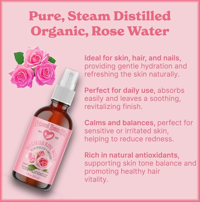 Natural Born Oils 8oz Rose Water Hydrosol, 100% Pure and Natural, Organic, Steam-distilled, Facial Toner Cleanser, with Sprayer, 8-Rose-Water-VivaGrace Women