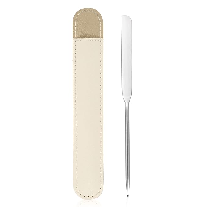 VOCOSTE 1 Set Stainless Steel Makeup Spatula, Liquid Foundation Spatula Tool with Faux Leather Case, Lipstick Nail Polish Mixing Palette Spatula, Beige-VivaGrace Women