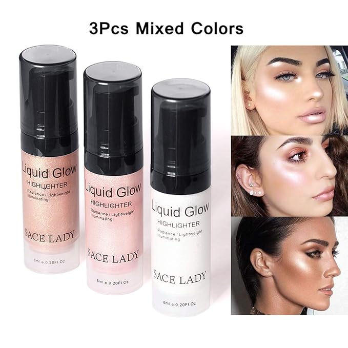 SACE LADY Liquid Highlighter Makeup Set Shimmer And Shine Ultra-Smooth Radiant Illuminator Kit For Face Cheekbone Body Glow Bronzer Glitter Illuminating Highlighters Makeups 3 Pack (3×6ml/0.2Fl Oz)-VivaGrace Women