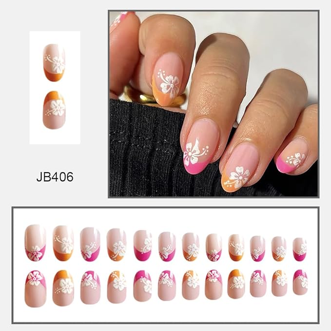 Pink Orange French tips Press on Nails Medium Almond Fake Nails with Design White Flower Glue on Nails Glossy Spring Nails Reusable Summer False Nails for Women Girls Manicure 24pcs