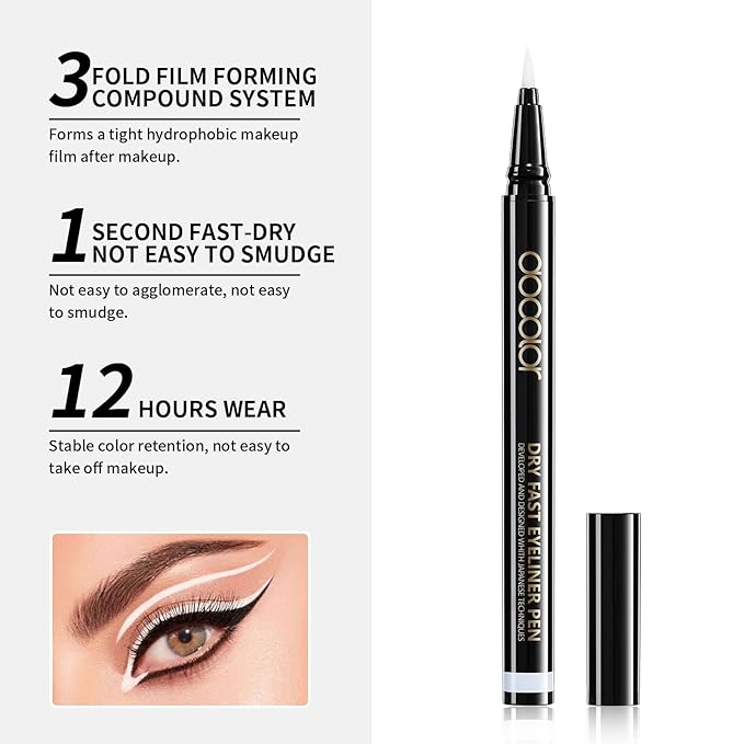 docolor White Waterproof Eyeliner Pen Longwearing with Ultra-Fine Tip Liquid Eye Liner and 2Pcs Eyeshadow Stick Cream Eye Shadow Stick Brightener Eyeshadow Pencil Crayon Highlighter Eye Shadow Stick