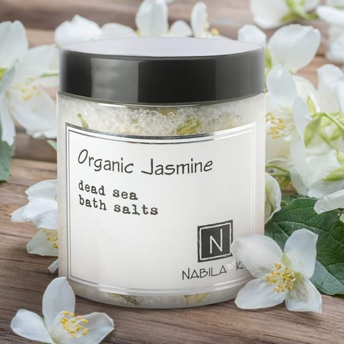 Organic Jasmine Bath Salts by Nabila K - Dead Sea Salt & Epsom Salt Scrub & Soak - Exfoliates & Hydrates Skin, Botanical Essential Oils - Bubble Bath Accessories for All Skins Types, 8 oz-VivaGrace Women