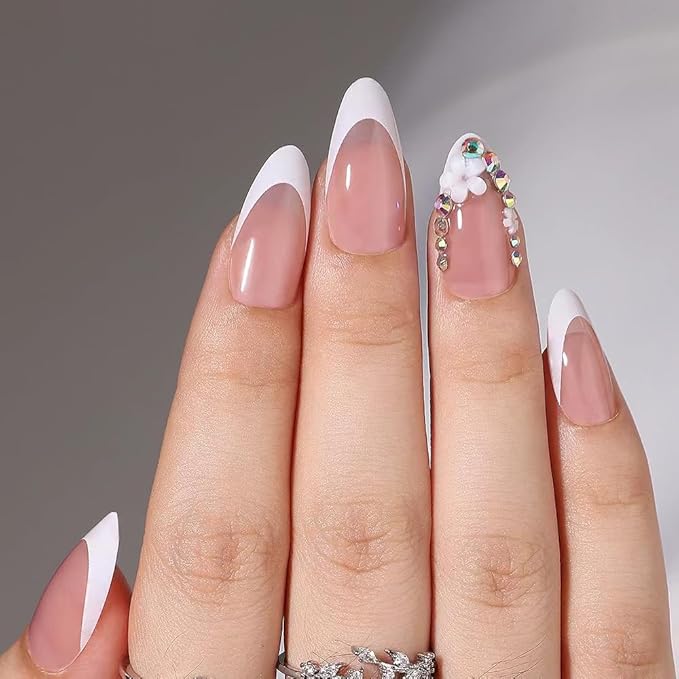 White French Tip Press On Nails - Medium Almond Fake Nails with Diamond Design, Rhinestone Flower, Glue On, Artificial Acrylic Glossy Full Cover Stick On Nails - 24pcs