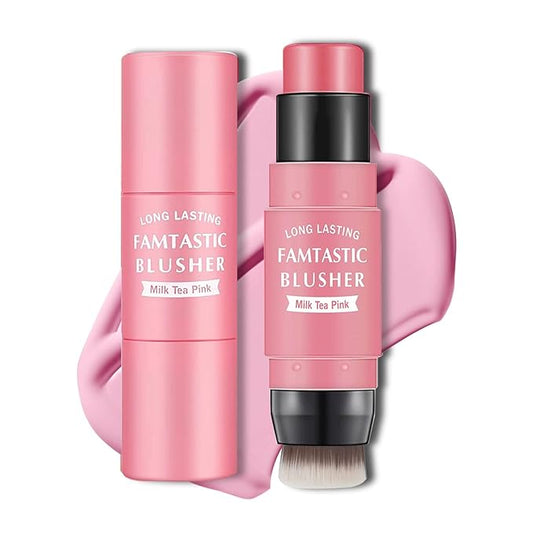 Cream Blush Stick with Brush,Waterproof Blush Makeup,Long Lasting 3 In 1 Cheek Blush & Lip Tint & Eye Shadow Makeup Stick,Easy To Use Blends Effortlessly,Cream Blush Makeup for All Skin Tones - Cherry Pink-VivaGrace Women