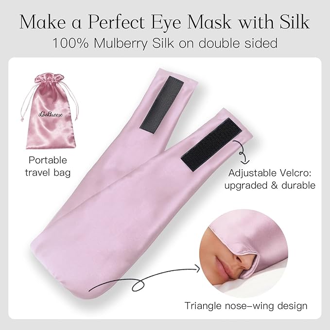 100% Natural Silk Eye Mask for Women Men, Soft Pressureless Cooling Blackout Eye Covers for Sleeping, Large Size Sleep Mask fits All Heads Adjustable, 1PC, Lotus Pink-VivaGrace Women