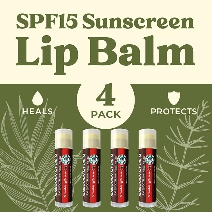 SPF Lip Balm 4-Pack by Earth's Daughter - Lip Sunscreen, SPF 15, Organic Ingredients, Strawberry Flavor, Beeswax, Coconut Oil, Vitamin E - Hypoallergenic, Paraben Free, Gluten Free-VivaGrace Women