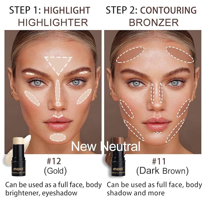 evpct 2Pcs Face Cream Contour Bronzer Sticks Makeup Highlighter Highlight Dark Brown Gold Creme Cheek Contour Sticks contorno en crema Bronzing Foundation Face Contour Stick Kit, 11+12 New Neutral-VivaGrace Women