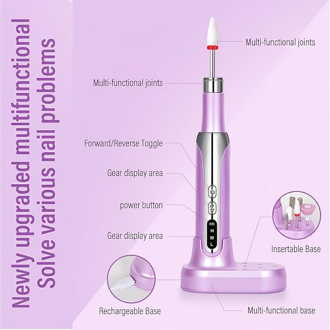 Electric Nail Drill File Cordless,Portable Rechargeable Nail File Kit for Acrylic & Gel Nails,Professional Efile for Manicure Pedicure Polishing,with 12 Nail Drill Bits 31 Sanding Bands,Purple-VivaGrace Women