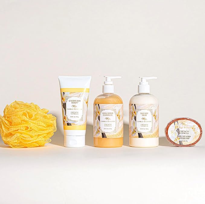 Camille Beckman Essentials Gift Basket, French Vanilla, Glycerine Hand Therapy 6 oz, Silky Body Cream 13 oz, Hand and Shower Cleansing Gel 13 oz, Glycerine Soap 3.5 oz-VivaGrace Women